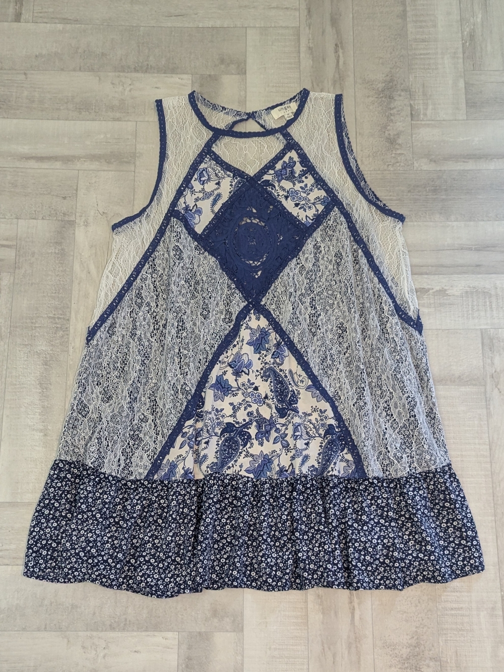 Umgee M Blue White Ditsy Floral Paisley Patchwork Lace Dress Tunic Boho Festival